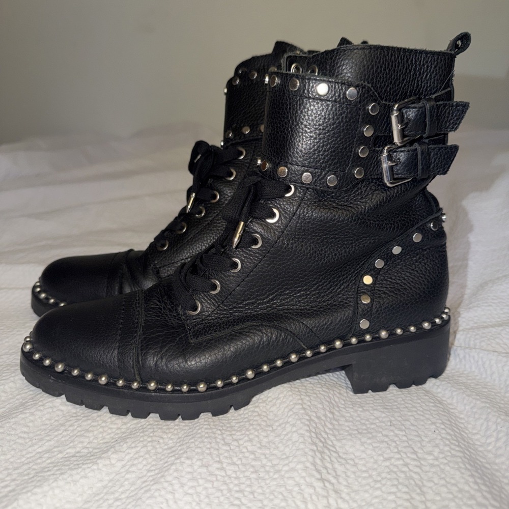 Sam‎ Edelman Jennifer Studded Combat Boots Zip Up Laces Black Leather Women's 8